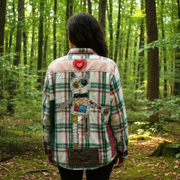 Upcycled Flannel Shirt with Patchwork Cat Design Handmade Boho Grunge Plaid - Picture 2 of 16